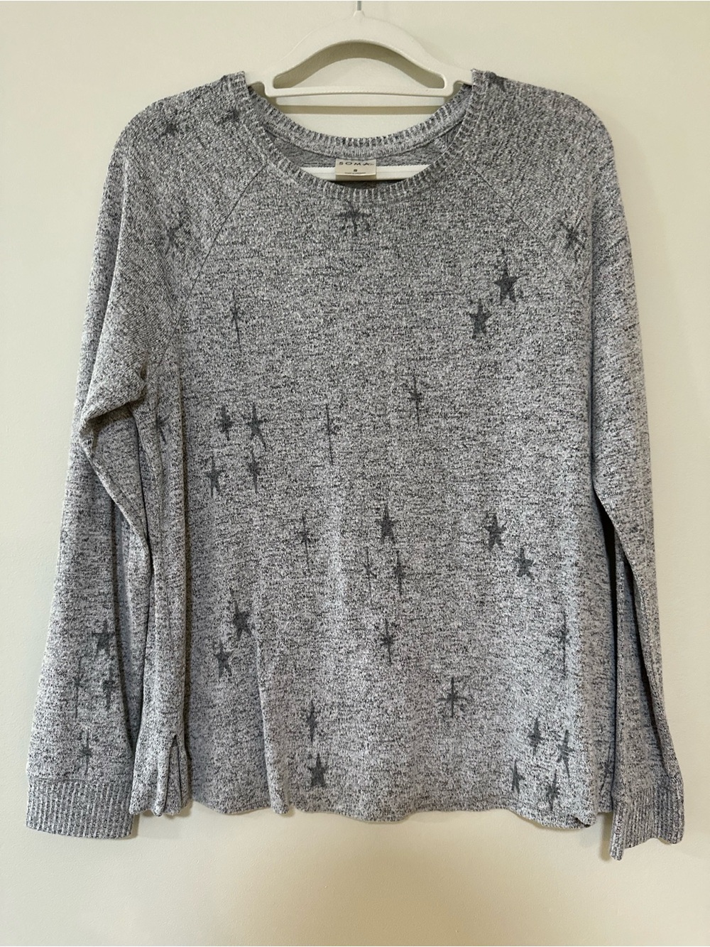 Celestial Star Print Soma Crewneck Sweater S Gray Soft Knit Relaxed Fit